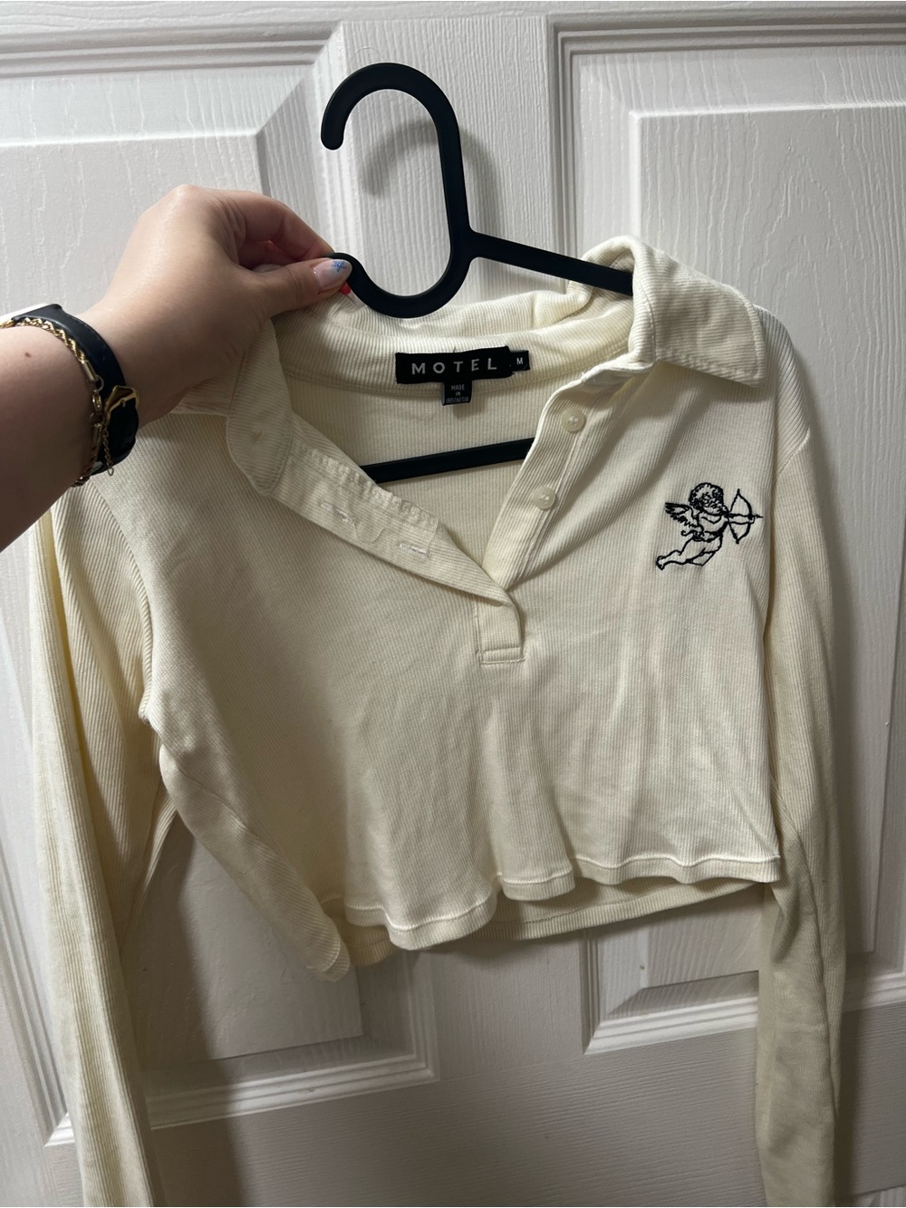 Motel Rocks Cream Ribbed Polo Crop Top with Button Collar